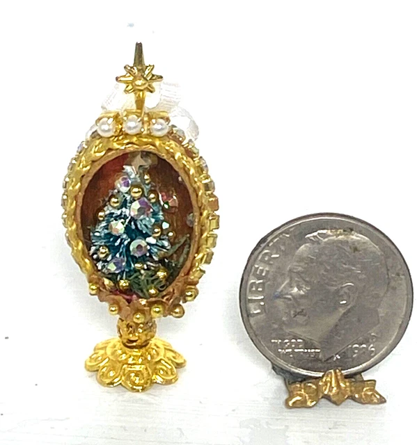 OOAK Artisan Rhinestone Christmas Tree Egg 1:12 Dollhouse Mini signed '23
