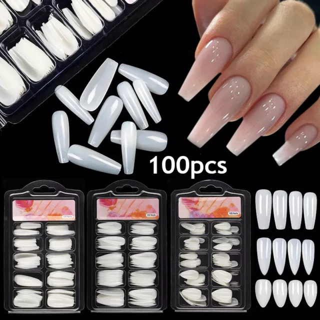 100Pcs Faux Français Ongle Embouts Blanc Transparent Stiletto Gel Pointu Art .J