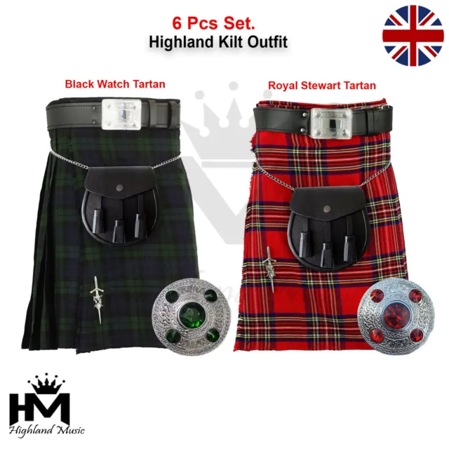 6 Pcs Highland Outfit Package Men's Scottish Kilt Black Watch,  Royal Stewart