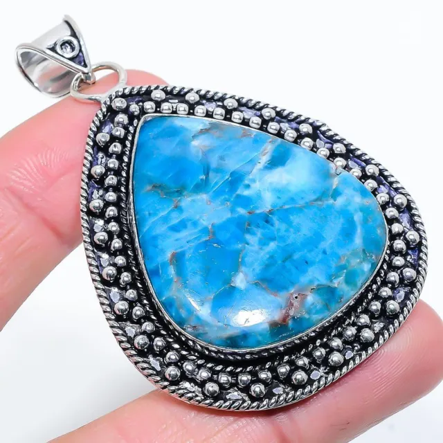 Neon Blue Apatite Gemstone 925 Sterling Silver Jewelry Pendant 2.64" For Her i15