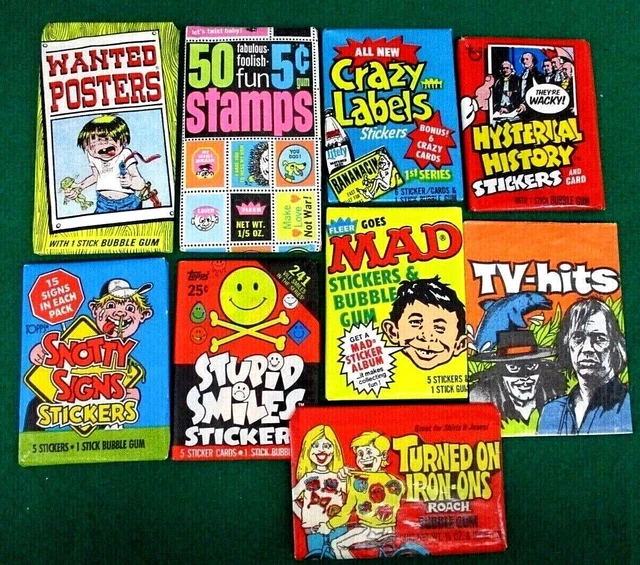 Vintage  Wax Pack Lot 9 Sealed Packs Tv Hits Wanted P. Mad Crazy Labels Tv Hits