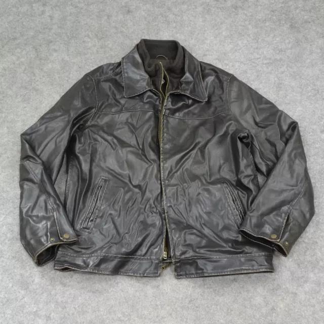 Columbia Jacket Mens Large L Black Faux Leather Bomber Brown Lined Full Zip