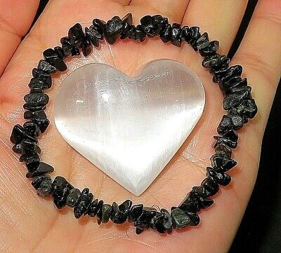 CHARGED Natural Black Tourmaline Crystal Chip Stretchy Bracelet + Selenite Heart