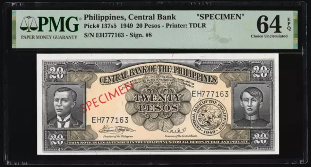 Philippines 1949 - 20 Pesos P#137s5 **Specimen** PMG Choice UNC 64 EPQ