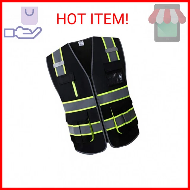JKSafety 9 Pockets High Visibility Black Safety Vest for Men and Women Zipper Fr