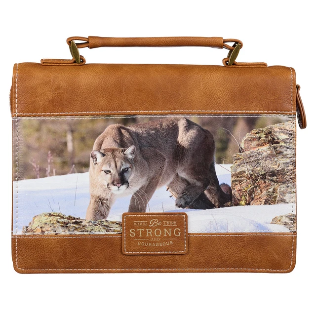 Brown Faux Leather Mountain Lion Bible Cover : Strong & Courageous - Josh. 1:9