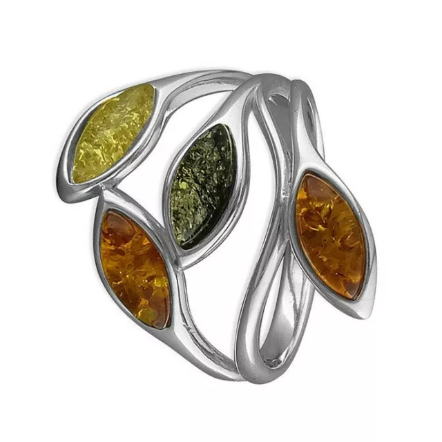Mixed Amber Leaves Ring Solid Sterling Silver 925 Statement Hallmark Size M - R