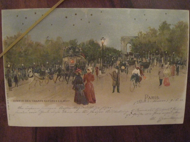 CPA PARIS 1900 Avenue des Champs Elysées at night METZ DR AK litho animated bike