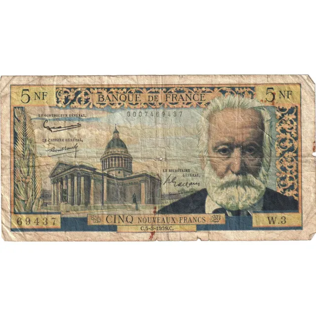 [#393203] France, 5 Nouveaux Francs, Victor Hugo, 1959, W.3, B+, KM:141a