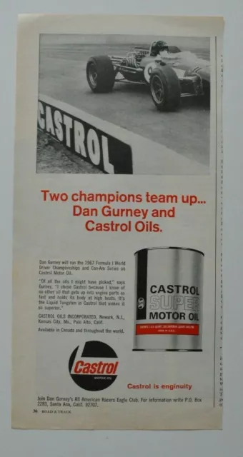 CASTROL Super Motor Oil 1967 magazine advert - English - USA Dan Gurney Eagle