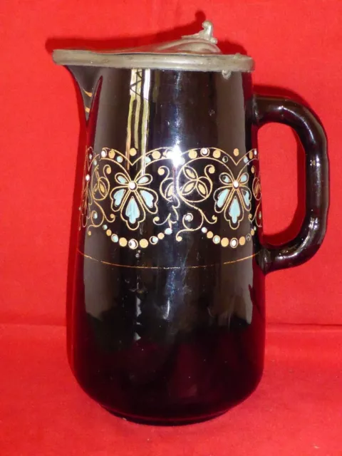 Stylish Antique Victorian Blackware or Jackfield Lidded Gilt Swag Pitcher c1890