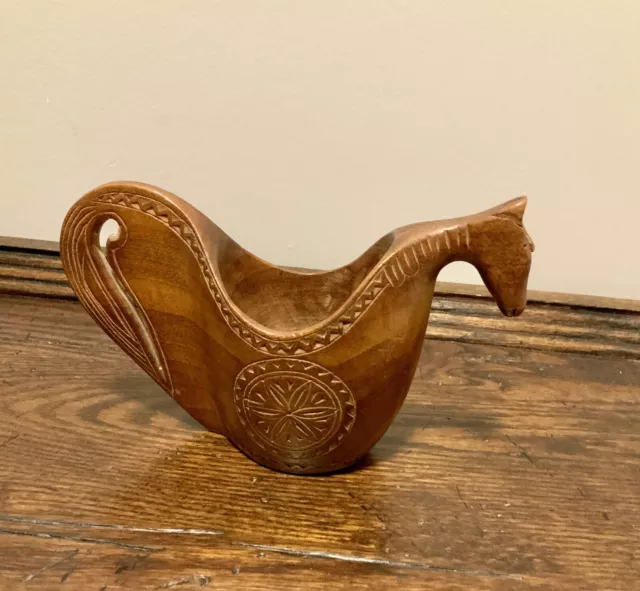 Vintage Yugoslavia Carved Folk Art Horse Shepherd Wedding Cup Wooden Pitcher