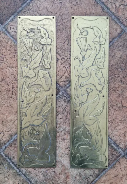 Pair of Antique Brass Floral Door Push Plates (Art Nouveau, Reclaimed, Salvage)