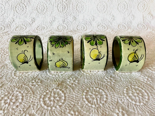 Vintage Mexico Tonala Butterfly & Flower Pottery Napkin Rings 4 Signed CAT 347