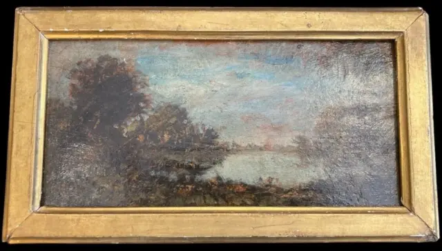Antique Painting Oil Wood Landscape Lake Frame Gilt Art Rendering Rare Old 19th