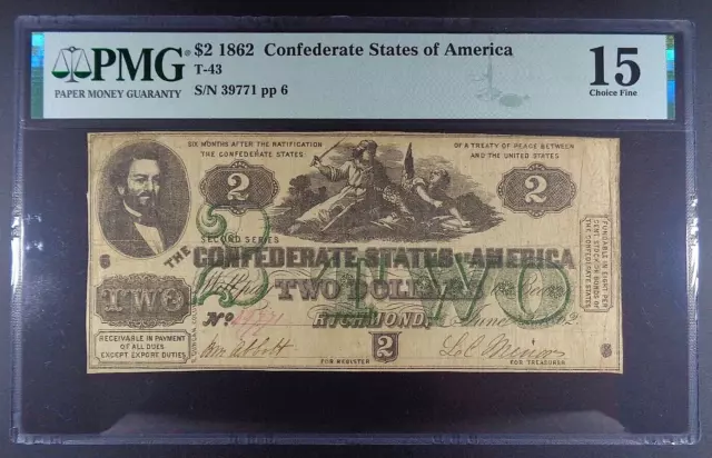 1862 Confederate States of America $2 Banknote, T-43, Cr. 338, PMG ChF 15.