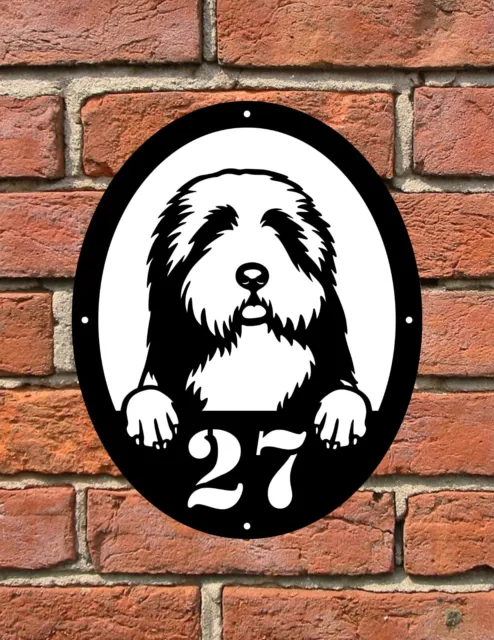 Letrero de placa de número de puerta personalizado con perro 028 collie barbudo