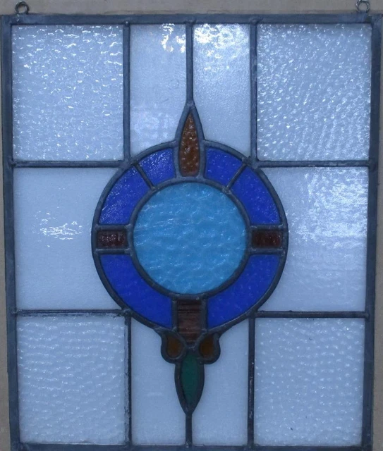 OLD ENGLISH STAINED GLASS WINDOW Unframed w Hooks Pretty Geometric 15" x 18.5"
