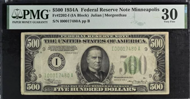 PMG VF 30 1934A $500 Five Hundred Dollar Federal Reserve Note Minneapolis Fr2202