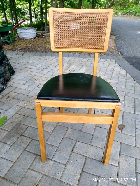 Stakmore Folding Chair Cane Back Wood Frame Vinyl Seat Mid Century Modern VGC