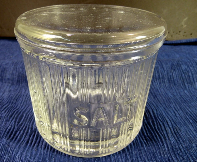 Vintage Hoosier Salt Jar. Clear Glass W/Ribbed Panel & Flat Lid