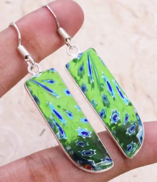 Dichroic Glass 925 Silver Plated Handmade Earrings of 2" Ethnic Gift