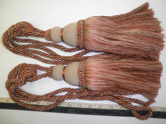 2 Decorative DRAPERY TIE-BACKS  w/ 10" Tassel BURNT-ORANGE/BEIGE Curtain Trim BC