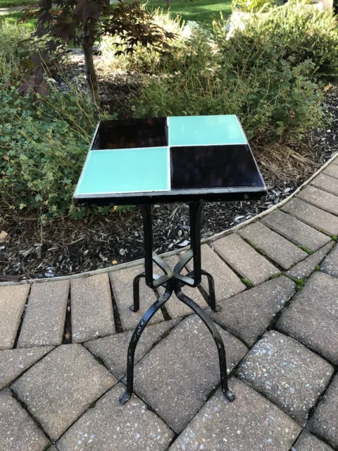 TILE TOP Vintage Wrought  Iron 9" x9" PLANT STAND  -  Black And Green Tiles