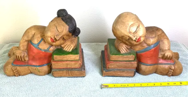 Vintage Hand Carved Wood Buddha Children Statue Set Asian Boy and Girl Bookends