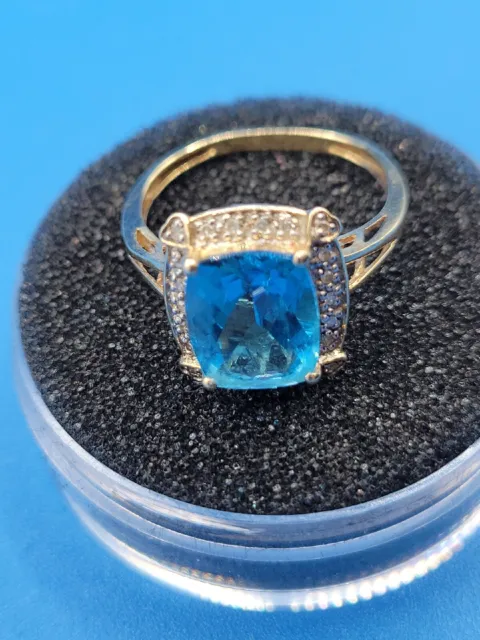 Gorgeous 5.11cts Blue Topaz & Diamond Halo Ring 14K Gold Ring - Size 8.5