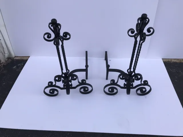 Vintage Pair Tall Hand Wrought Iron Andirons Ornate Scroll Unique Design