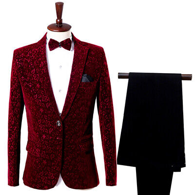 Mens Floral Red Velvet Suit Jacket and Pants Set Wedding Tuxedo Prom Dinner