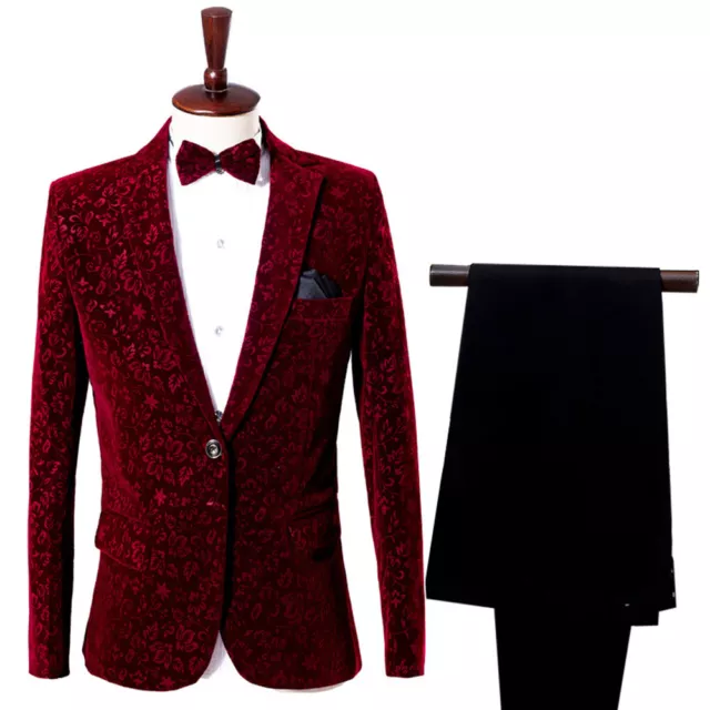 Mens Floral Red Velvet Suit Jacket and Pants Set Wedding Tuxedo Prom Costume