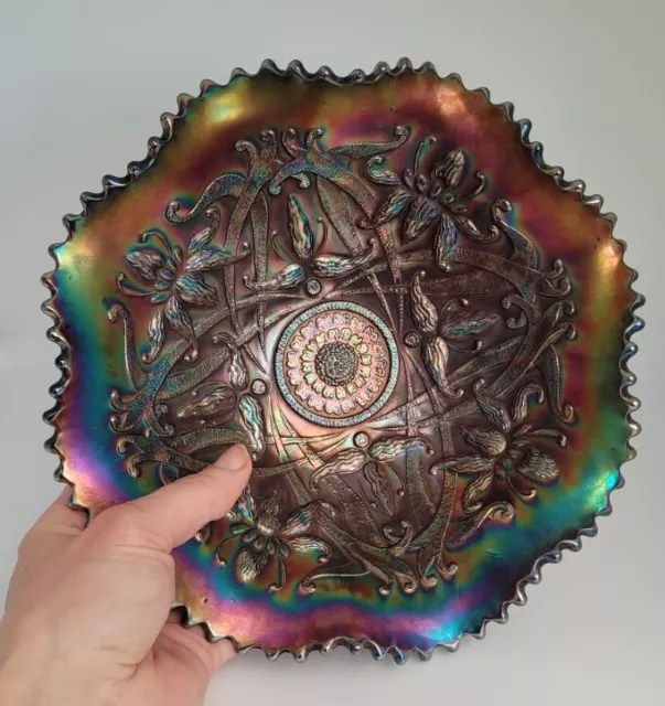 Northwood Carnival Glass Wishbone Amethyst Footed Ruffled Bowl Iridescent 😍