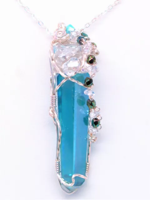 Beautiful, Genuine, Brasilian Aqua Aura Crystal, With Herkimer Diamond Necklace