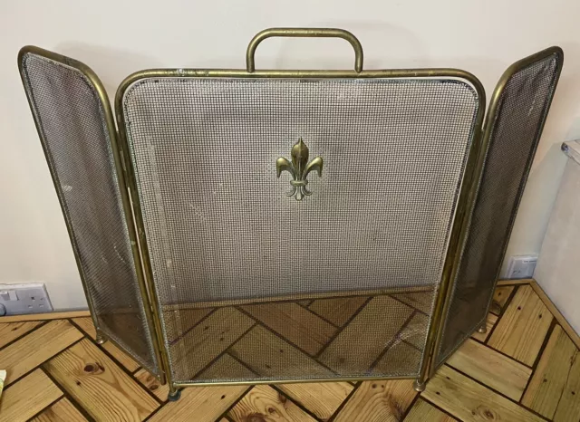 Vintage Brass & Mesh Folding Footed 3 Panel Fire Guard Screen- Fireplace