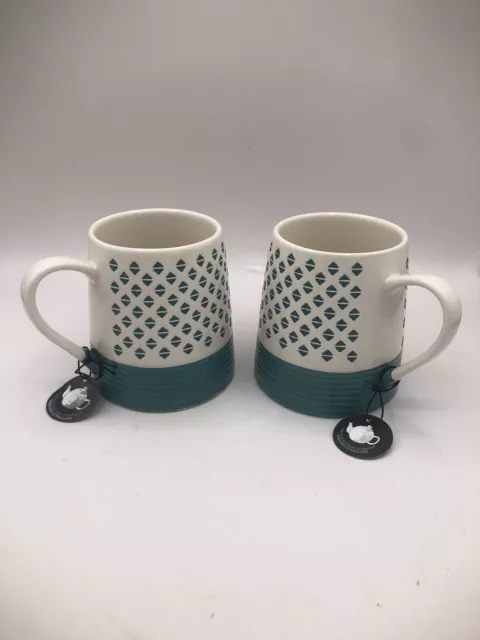 Old Pottery Company Button Diamond Mug. Teal/White Set of Two 16oz Coffee Tea