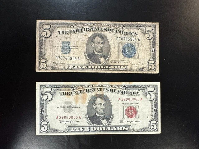 Lot of 2, 1963 & 1934 Series C $5 Five Dollar Red Seal & Silver Certificate