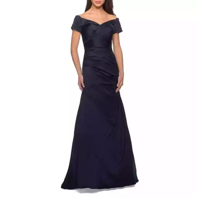 La Femme NWT Off the Shoulder Beaded Satin Trumpet Gown 25996 Blue Size 10 2