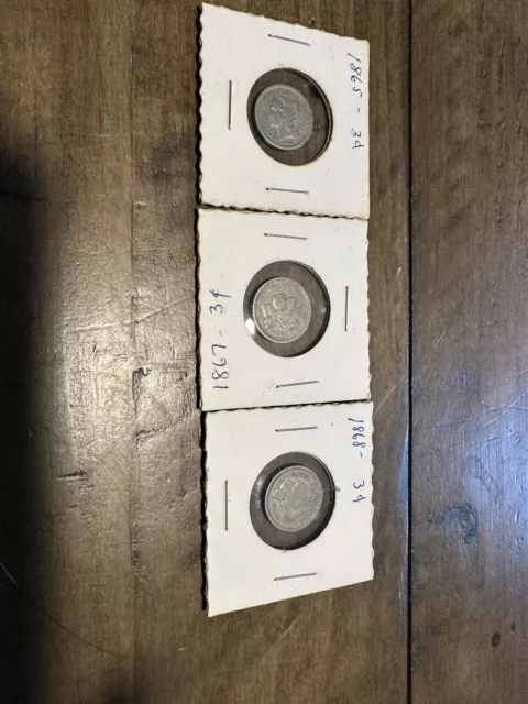1865 1867 1868  3 Three Cent Silver Nickels Circulated Great Condition