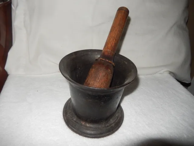 Antique 19th Century Heavy Cast Iron Mortar and Oak Pestle Apothecary