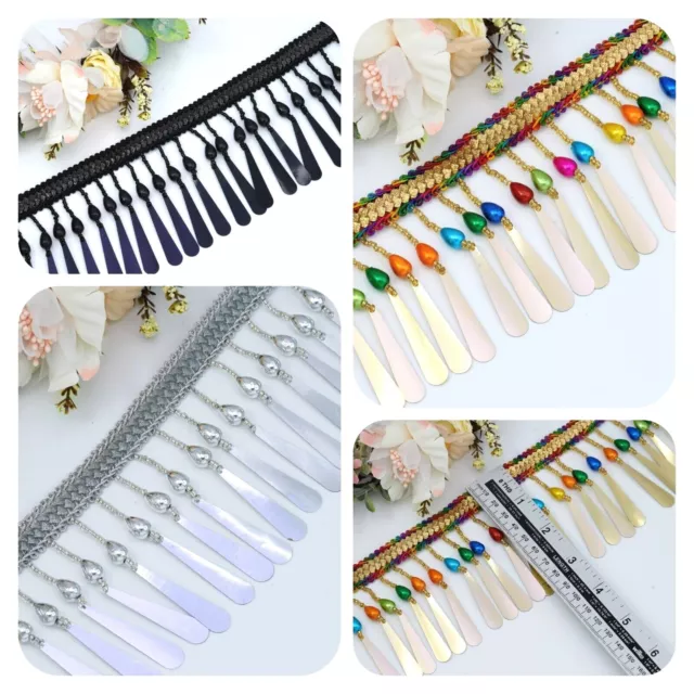 1 Yrd  Sequence Beaded Fringe Drop Shape Pearl Vintage Trim Ribbon Sewing Edging