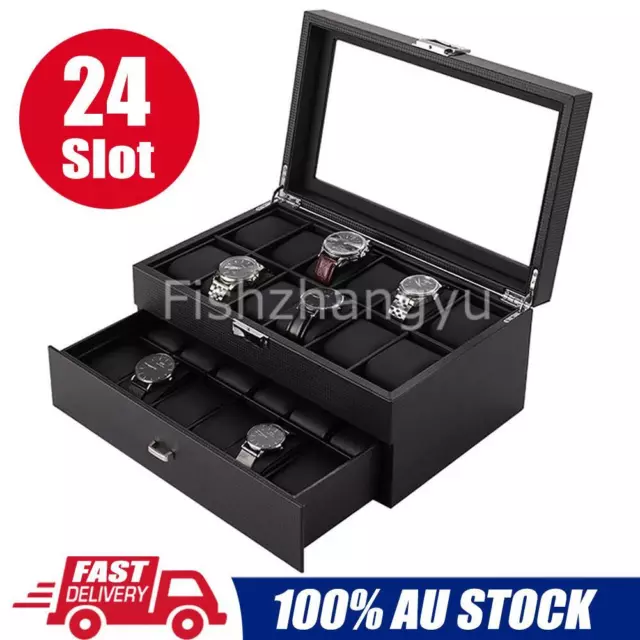 24 Slot Jewelry Watch Box Display Case Storage Holder Organizer Case Large Size