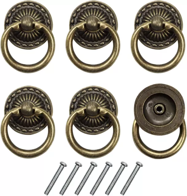 6pcs Vintage Bronze Drop Ring Knobs Pulls Handles with Screws for Dresser Drawer