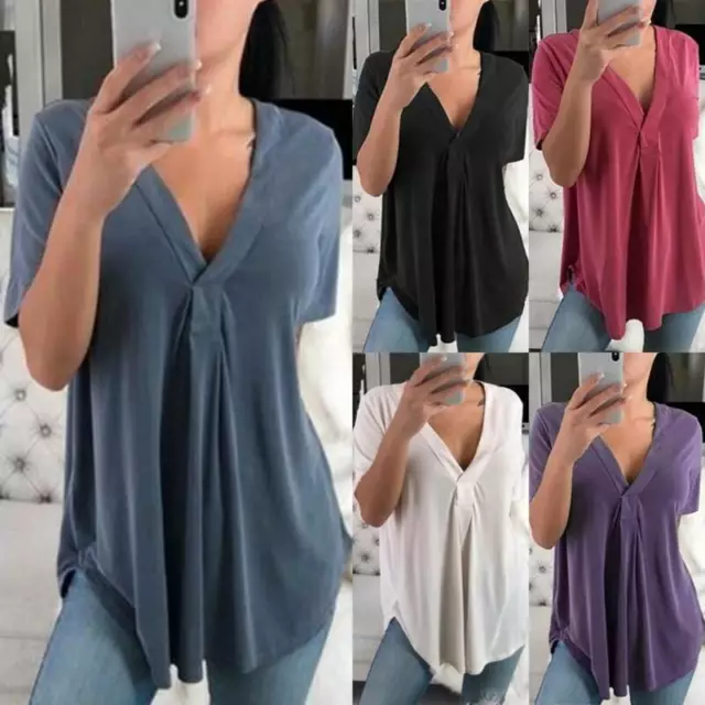 Women's Plus Size Sexy V Neck Loose Short Sleeve Blouse T-shirt Tunic Top Casual