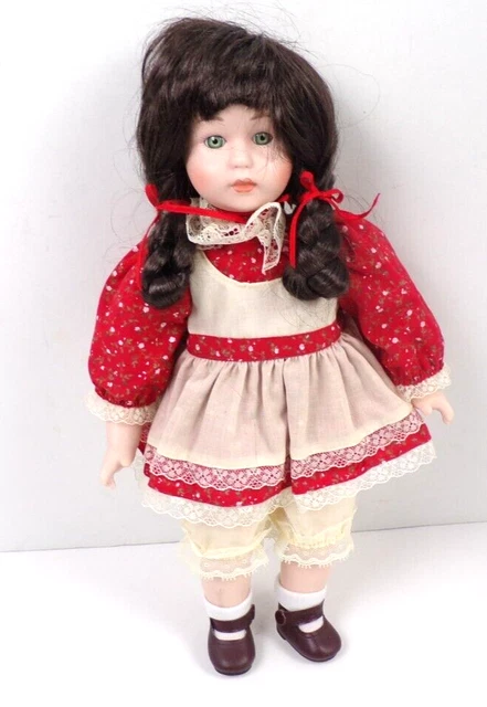 Vtg 1990 Heritage Mint Porcelain Doll Red White Flower Dress Braided Hair 15"