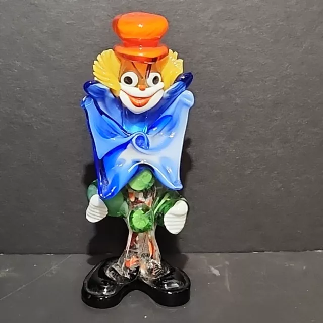 Hand Made Murano Art Glass Circus Clown 8 1/4 Inches with Large Blue Bow