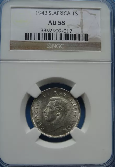 Südafrika 1943 - Silber -  1 Shilling NGC AU 58! Seltenheit!