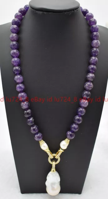 Natural Amethyst Gems Round Beads &White Keshi Baroque Pearl Pendant Necklace
