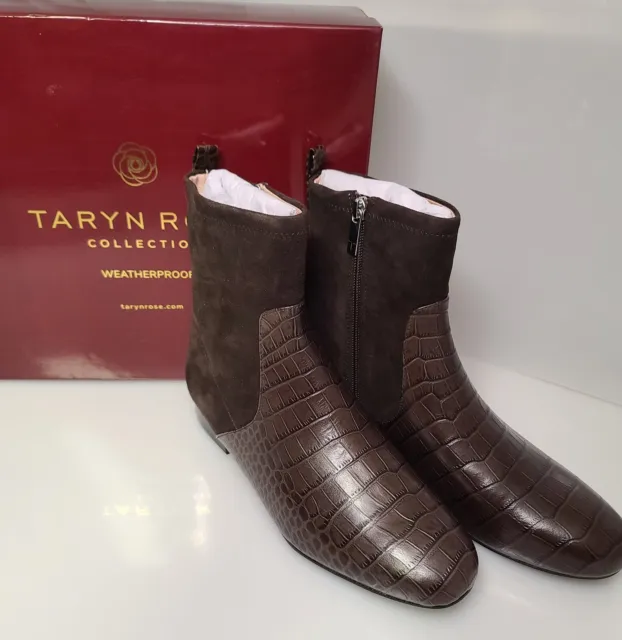 NEW Taryn Rose Floriana Waterproof Croc Leather Suede Ankle Boots Brown 9.5